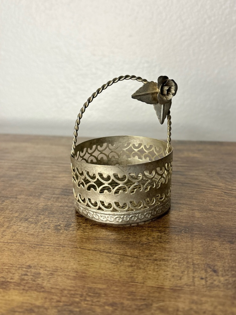 Ornate Filigree Metal Basket with Floral Handle - Brass Tone